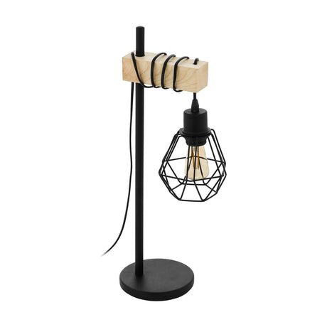Hosmane Table Lamp in black steel with a round base, slim upright stem, natural wood top block wrapped in black cable, and a hanging geometric wire cage shade, shown on a plain white background.