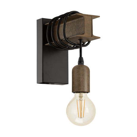 Hosmane Wall Light in black and rust-brown steel, with a black rectangular backplate, I-beam detail wrapped in black cord, and an exposed E27 bulb, shown on a plain white background.