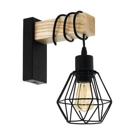 Hosmane black wall light with a slim steel wall bracket, square wooden arm wrapped in looped black cable, and an open faceted wire cage shade with E27 bulb, shown on a plain white background.
