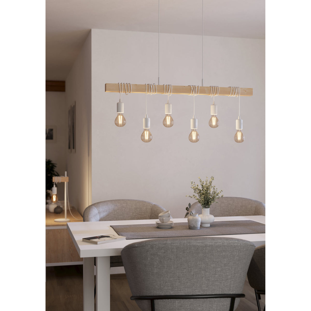 Hosmane Wooden 6 Light Linear Pendant Light - White & Wood