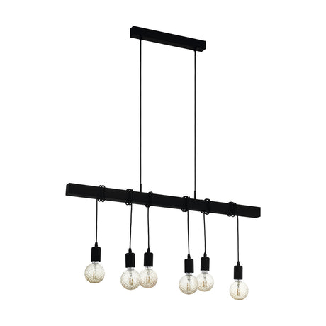 Hosmane Wooden Linear Pendant Light in black, a long timber beam with six black E27 lamp holders on wrapped cords, shown on a plain white background.