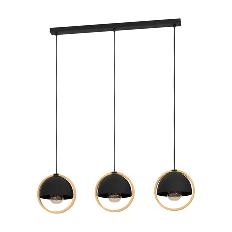 Hosorne Linear Pendant Light featuring a black ceiling bar with three black steel dome shades, each framed by a light brown wood ring, shown on a plain white background.
