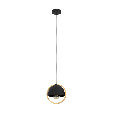 Hosorne Pendant Light in black and brown, featuring a black steel dome shade within a circular wood ring, hung on a black cord from a round ceiling canopy against a white background.