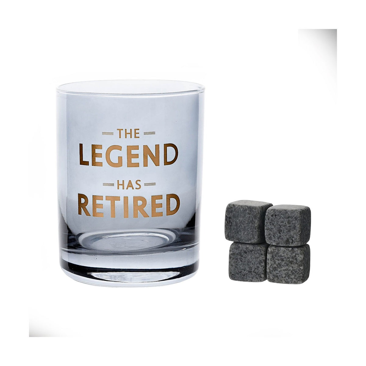 Round glass whiskey tumbler with blue tint and gold "THE LEGEND HAS RETIRED" text, straight sides, thick base, shown with four grey whiskey stones on a white background.