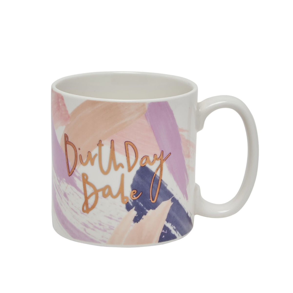 Porcelain mug with "BirthDay Babe" in copper script over lilac and blush brushstrokes, straight sides and loop handle, on a plain white background.