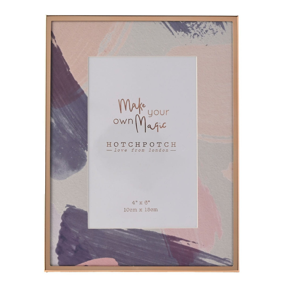 Rectangular metal photo frame with a slim rose-gold edge, featuring a pastel pink, lilac and grey brushstroke mount around a 6 x 4in photo opening.