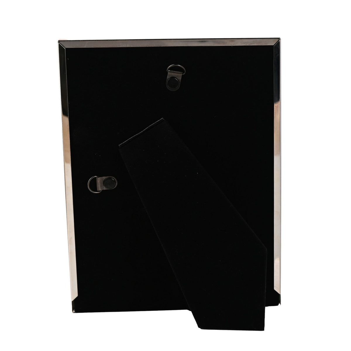 Rear view of the Luxe Pastel Brushstroke metal photo frame, 6 x 4in, showing black velvet backing, two hanging hooks and a fold-out metal easel stand on a white background.