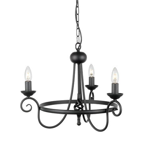 The Harlech 3 Light Chandelier - Black features a medieval design with three candle-style light bulbs and a sleek black metal finish. Its circular frame and elegantly curved arms hang from a chain, bringing sophistication to any room.