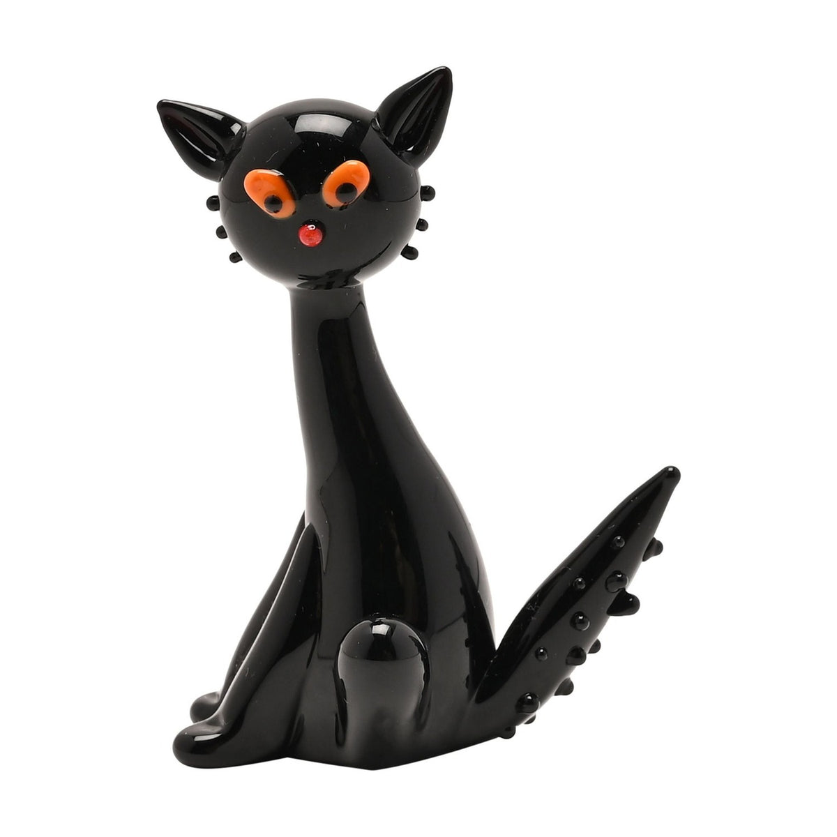 Seated Cat Miniature Glass Figurine with Orange Eyes - Black
