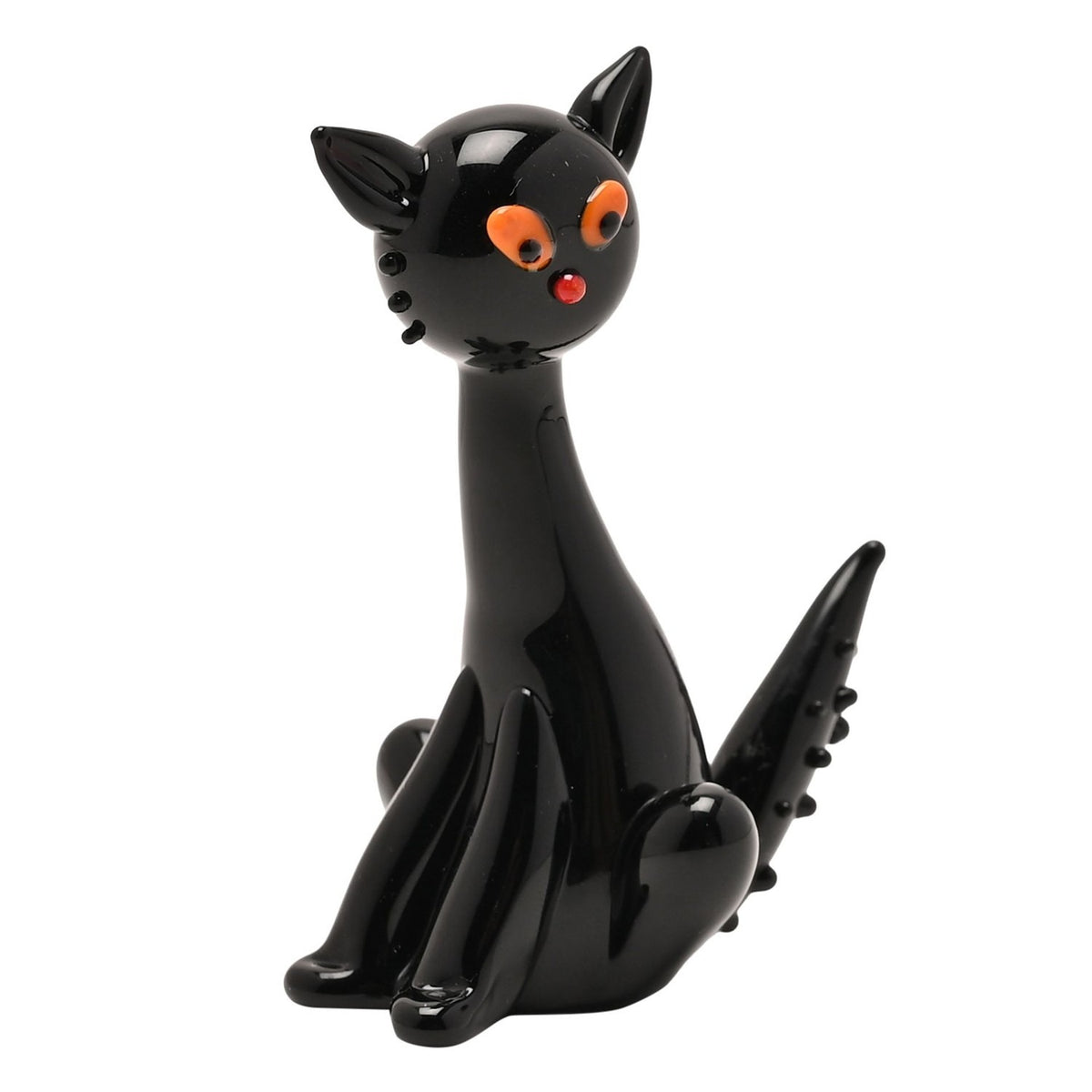 Seated Cat Miniature Glass Figurine with Orange Eyes - Black