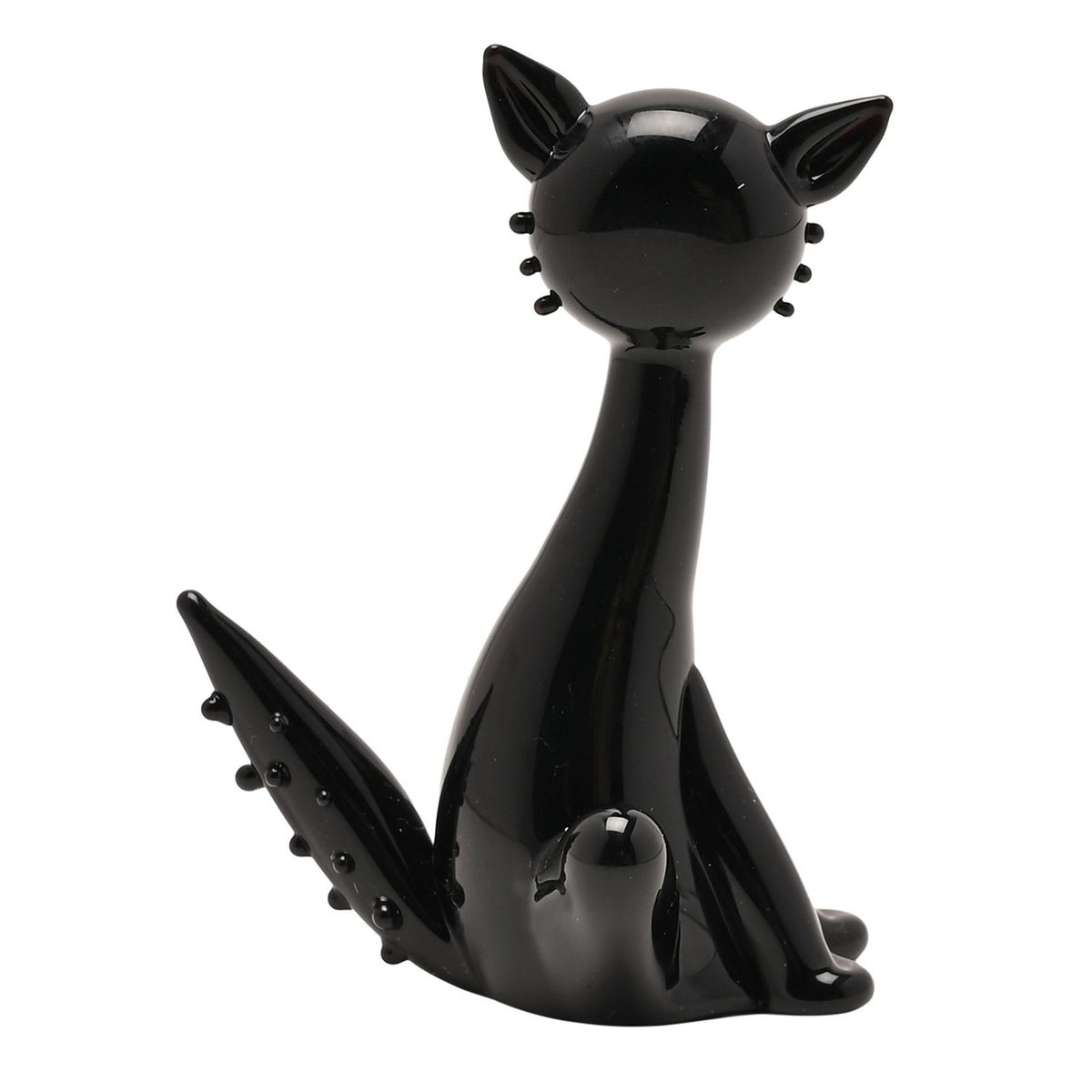 Seated Cat Miniature Glass Figurine with Orange Eyes - Black
