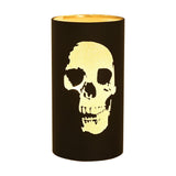 Round black LED lantern, 15.2cm, with a glowing gold skull silhouette cut-out design, shown against a plain white background.