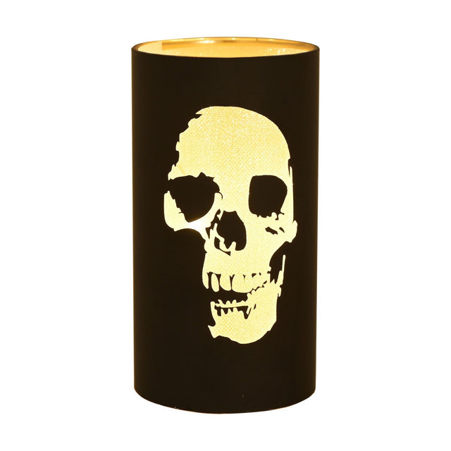 Round black LED lantern, 15.2cm, with a glowing gold skull silhouette cut-out design, shown against a plain white background.