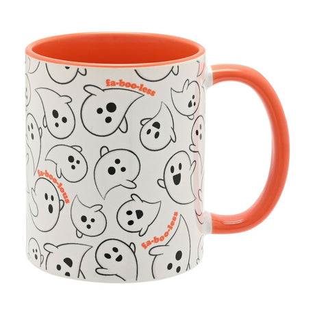 White stoneware mug with orange interior and handle, featuring an all-over black outline ghost pattern and orange 'fa-boo-less' text, on a plain white background.