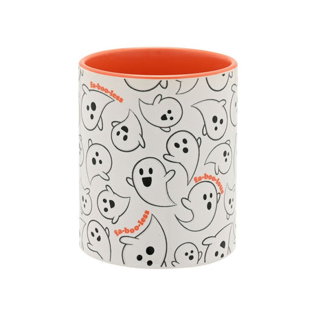White stoneware mug with handle featuring cartoon ghost outlines and orange "fa-boo-less" text, glazed orange interior, shown on a plain white background.