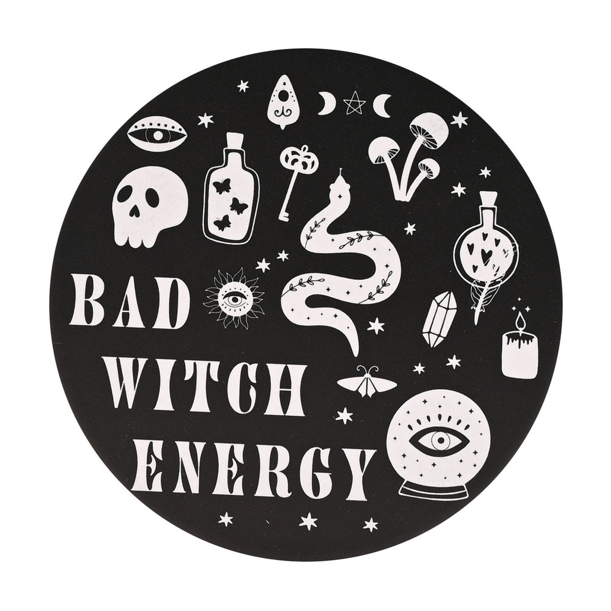 Round matt black ceramic coaster printed with "Bad Witch Energy" in white, surrounded by witchy motifs including a skull, eye, potion bottles, snake, key and crystal ball.