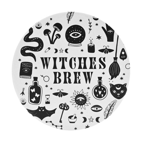 Round matt ceramic coaster in white and black, featuring "Witches Brew" lettering surrounded by witchy motifs including a snake, mushrooms, crystal ball, candle, broomstick and black cat.