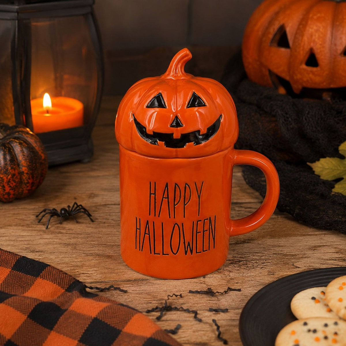 Halloween Stoneware Mug with Pumpkin Lid 400ml - Orange