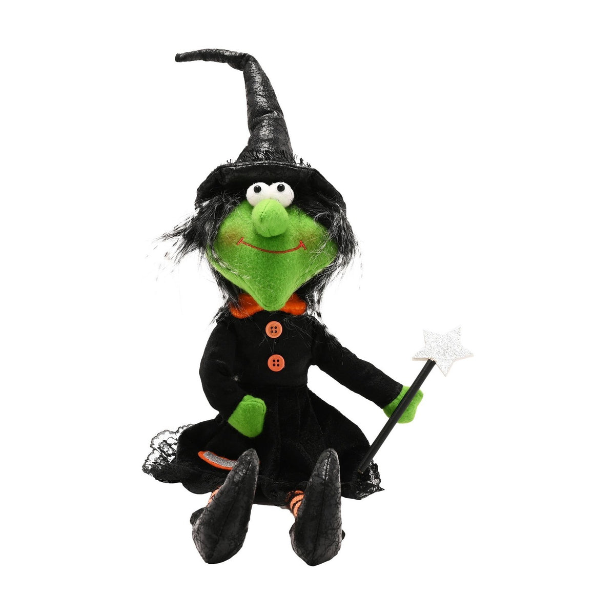 Small sitting witch Halloween ornament with lime-green face, round eyes, embroidered smile, black pointed hat, black lace-trim dress with orange buttons, and a glitter star wand.