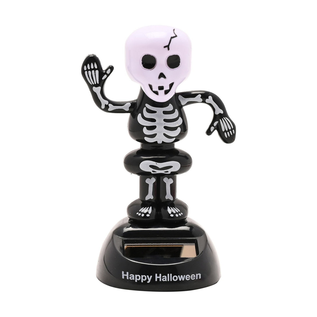 Waving Skeleton Solar Bobble Head ornament in gloss black plastic with white bone print, pale lilac skull, raised waving hand, on a black base reading "Happy Halloween", plain white background.