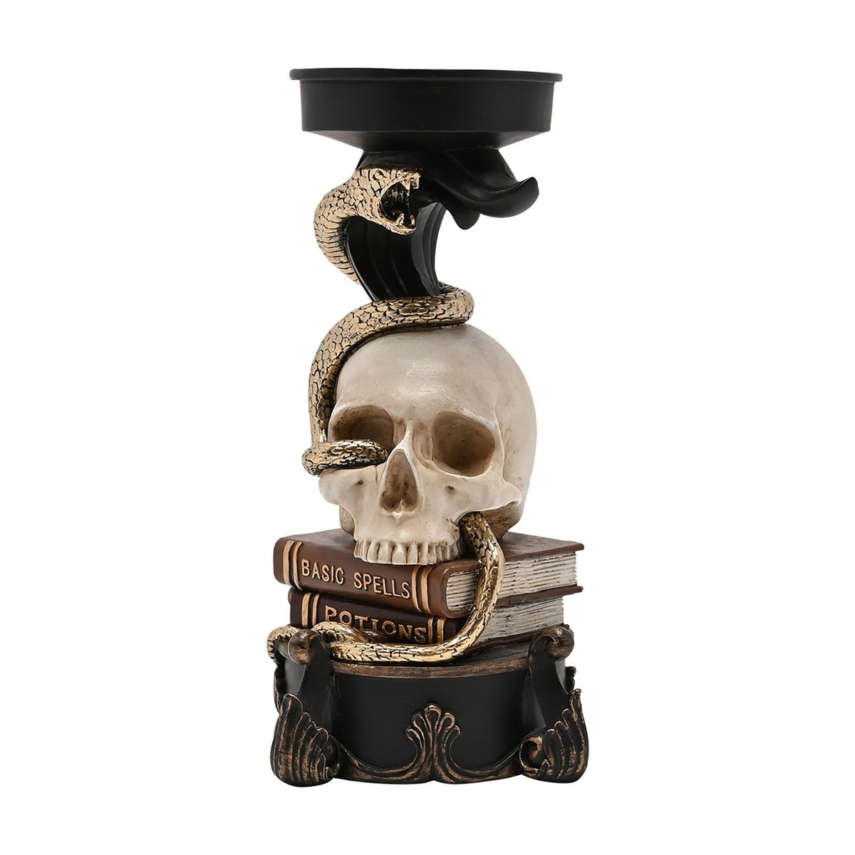 Snake Wrapped Around Skull Resin Candle Holder 25.1cm - Black