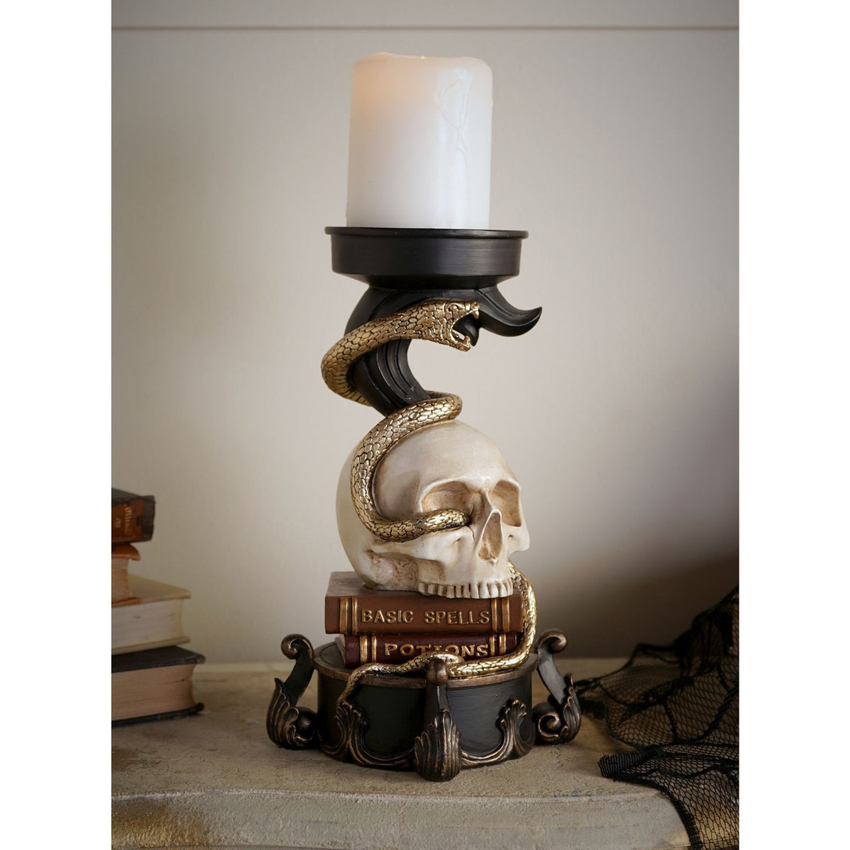 Snake Wrapped Around Skull Resin Candle Holder 25.1cm - Black
