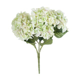 Hill Interiors Shabby Green Hydrangea Bouquet with two full pale green flower heads and green leaves on plastic stems, shown on a plain white background.