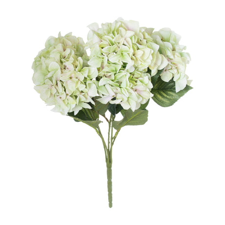 Hill Interiors Shabby Green Hydrangea Bouquet with two full pale green flower heads and green leaves on plastic stems, shown on a plain white background.
