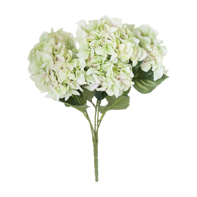 Hill Interiors Shabby Green Hydrangea Bouquet with two full pale green flower heads and green leaves on plastic stems, shown on a plain white background.