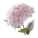 Hill Interiors Giant Pink Hydrangea faux stem with a full rounded head of soft pink four-petal florets and green leaves on a white background.