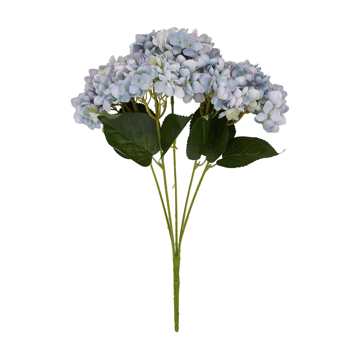 Hill Interiors Blue Hydrangea Bunch, a faux floral arrangement with rounded pompom blooms in soft blue tones and green leaves on wired stems.
