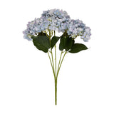 Hill Interiors Blue Hydrangea Bunch, a faux floral arrangement with rounded pompom blooms in soft blue tones and green leaves on wired stems.