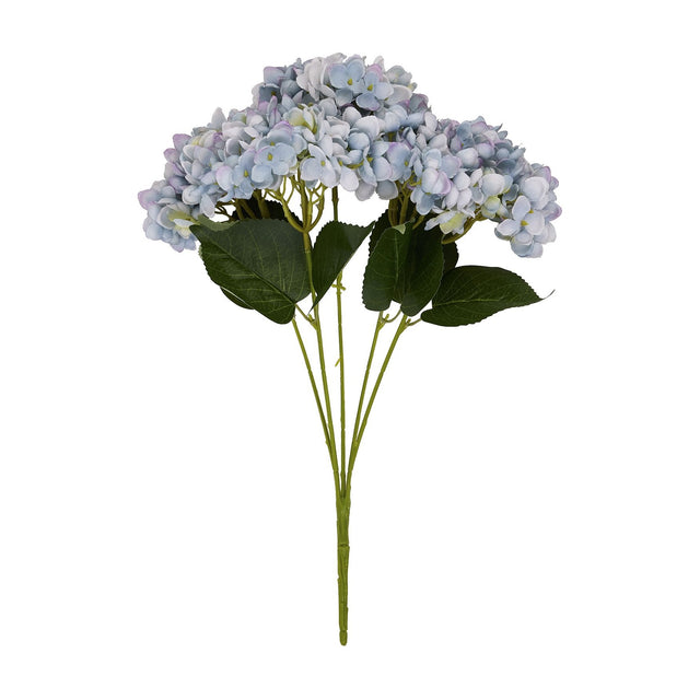 Hill Interiors Blue Hydrangea Bunch, a faux floral arrangement with rounded pompom blooms in soft blue tones and green leaves on wired stems.