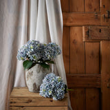 Hill Interiors Blue Hydrangea Bunch of faux blooms in a rustic stone vase, with a second stem resting on a wooden crate beside a linen curtain and wooden door.
