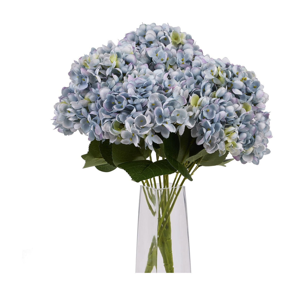 Hill Interiors Blue Hydrangea Bunch of faux stems with rounded pale blue floret clusters and green leaves, arranged in a clear glass vase.