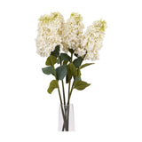 Hill Interiors White Spear Hydrangea faux stems with elongated cream floret clusters and green leaves, arranged in a clear glass vase on a white background.