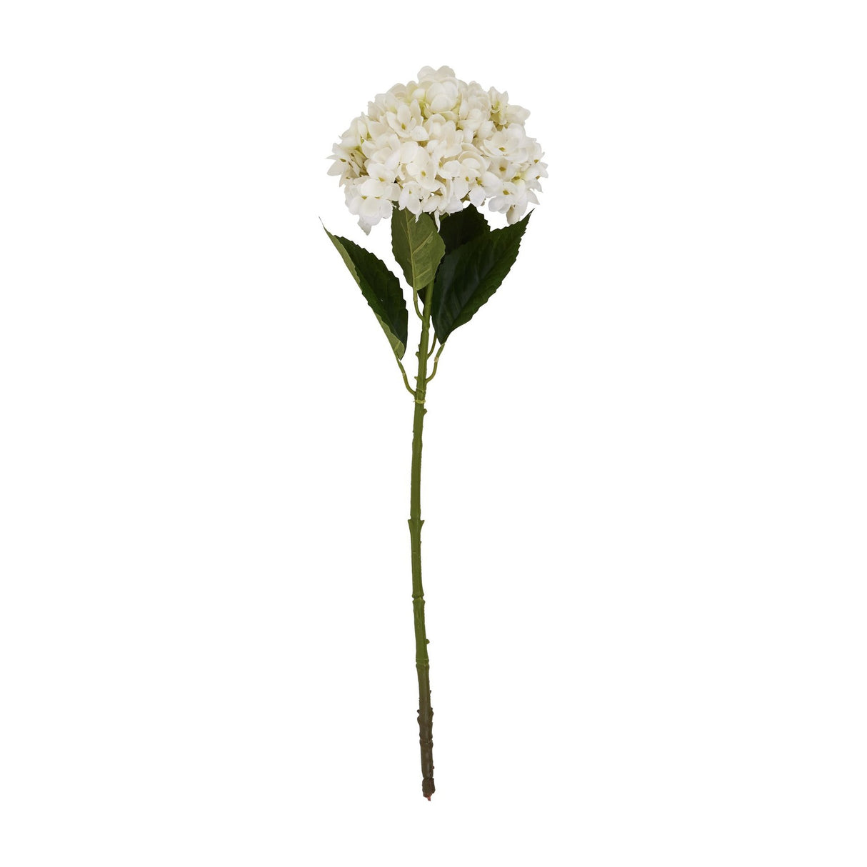 Hill Interiors White Hydrangea Stem with a rounded dome of small white florets, green leaves and a wired stem, shown on a plain white background.