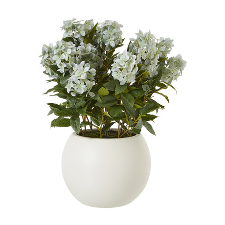 Hill Interiors large faux green hydrangea plant with rounded mophead blooms and green foliage set in a round white pot on a plain background.