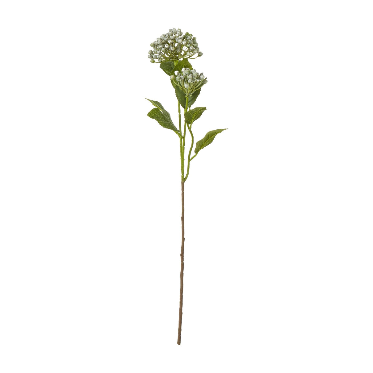 Hill Interiors Blue Budding Hydrangea Spray with clustered pale blue buds, green leaves and a bendable stem, shown against a plain white background.