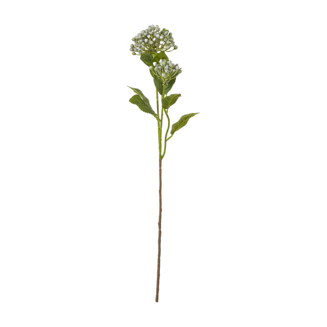 Hill Interiors Blue Budding Hydrangea Spray with clustered pale blue buds, green leaves and a bendable stem, shown against a plain white background.