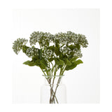 Hill Interiors Blue Budding Hydrangea Spray with clustered pale blue buds and green leaves arranged in a clear glass vase against a white background.