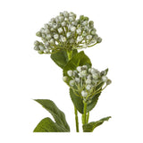 Hill Interiors Blue Budding Hydrangea Spray with clustered pale blue-green buds and serrated green leaves on a bendable stem, shown on a white background.