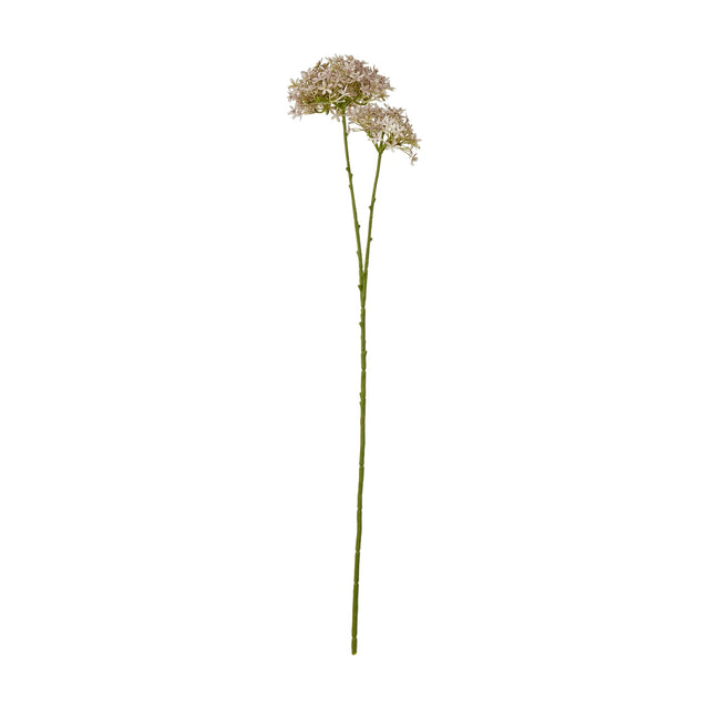 Hill Interiors Lilac Crown Hydrangea Stem, a faux flower with a rounded lilac bloom cluster on a wrapped green plastic stem, on a white background.