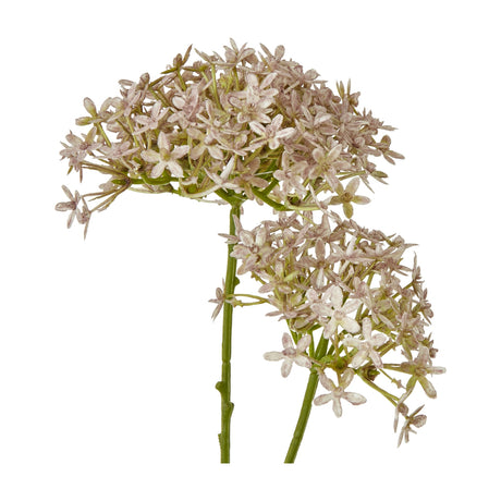 Hill Interiors Lilac Crown Hydrangea Stem close-up showing clustered four-petal florets in soft lilac tones on green plastic stems against a white background.