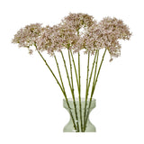 Hill Interiors Lilac Crown Hydrangea Stems with clustered pale lilac florets on green plastic stems, arranged in a green glass vase against a white background.