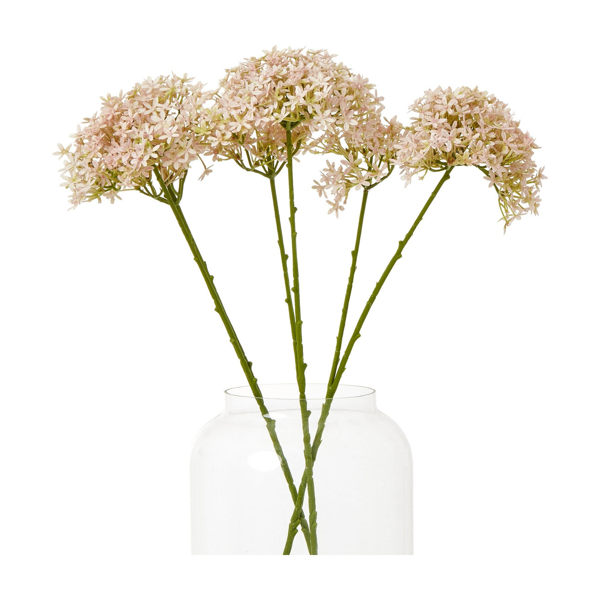 Hill Interiors Pink Crown Hydrangea Stems with soft pink clustered blooms and green stems arranged in a clear glass vase on a white background.