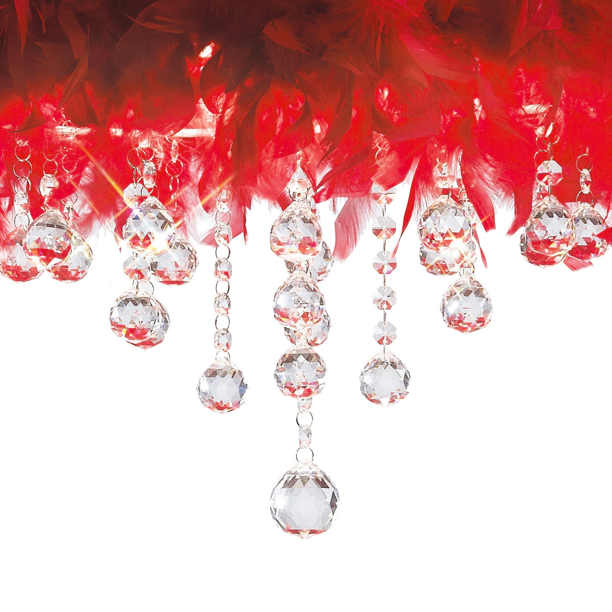 Ibis 3 Light Crystal Flush Ceiling Light - Polished Chrome With Red Feather Shade
