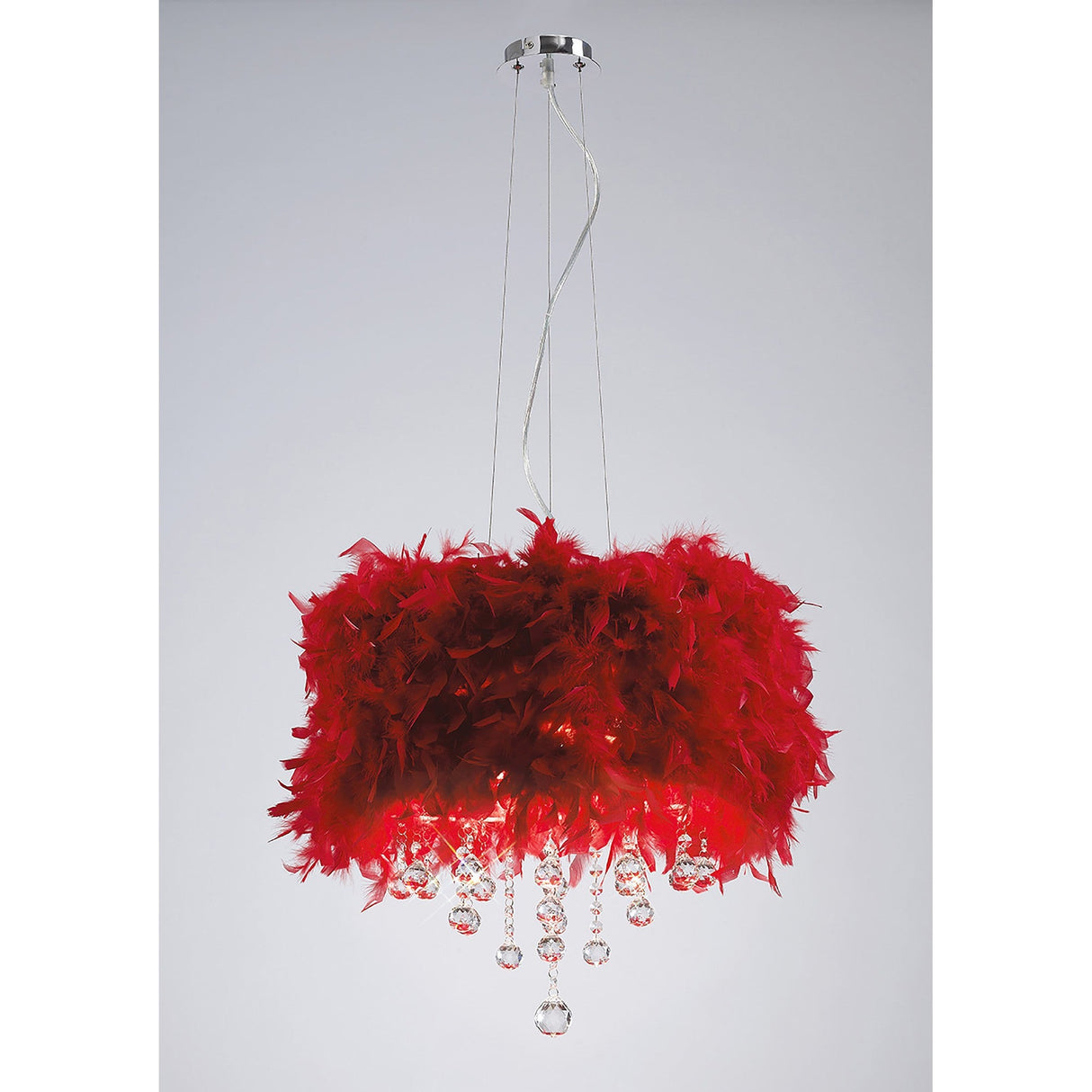 Ibis 35cm 3 Light Crystal Chandelier - Chrome With Red Feather Shade