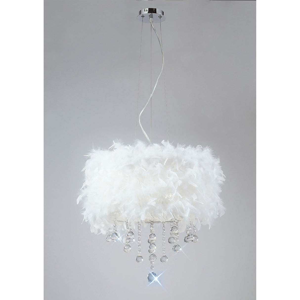 Ibis 35cm 3 Light Crystal Chandelier - Chrome With White Feather Shade