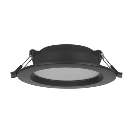 Idun-E round LED downlight with black plastic body, spring clips, and white frosted diffuser, 11.7cm cool white fixture on a plain white background.